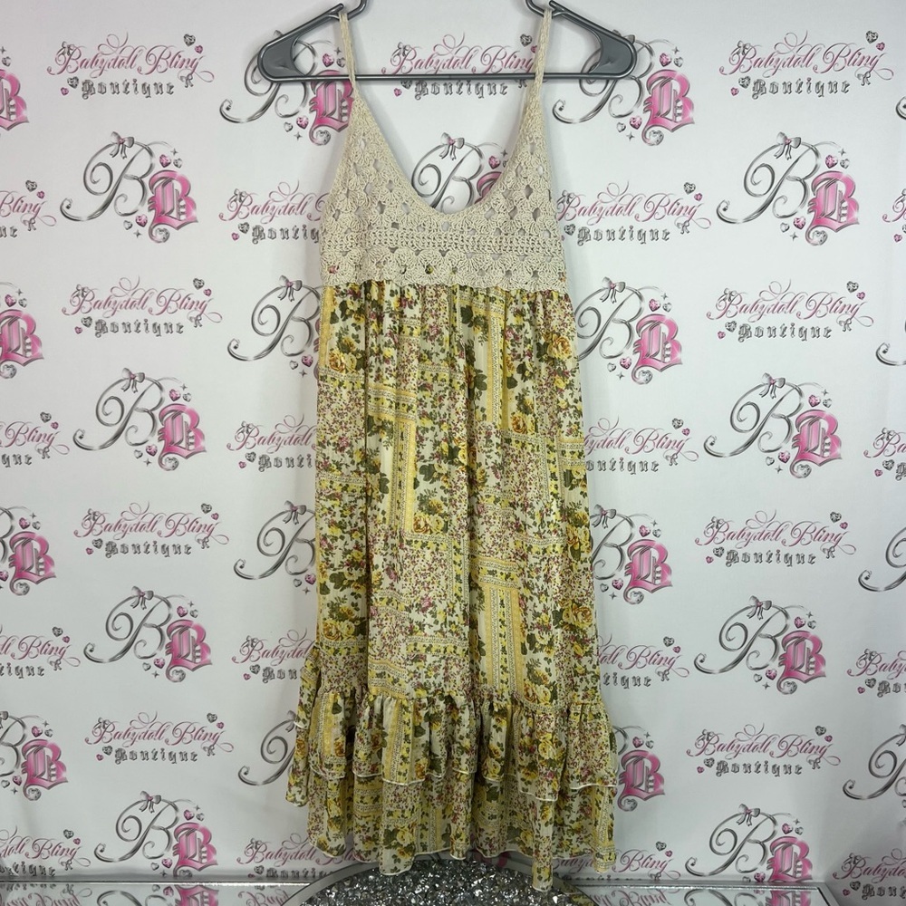 Moon River dress crochet top patchwork style pink Yellow green Floral ruffle